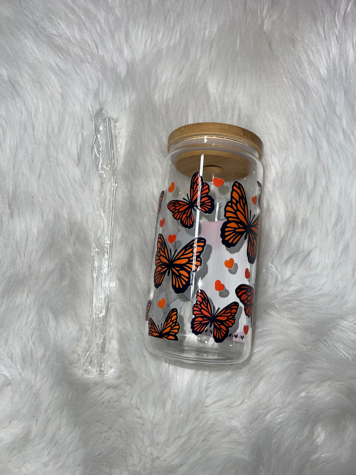 Orange Butterflies Glass Cup